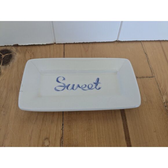 Fishs Eddy Rectangular Ceramic Butter Dish with Sweet Written in Blue - Picture 5 of 5